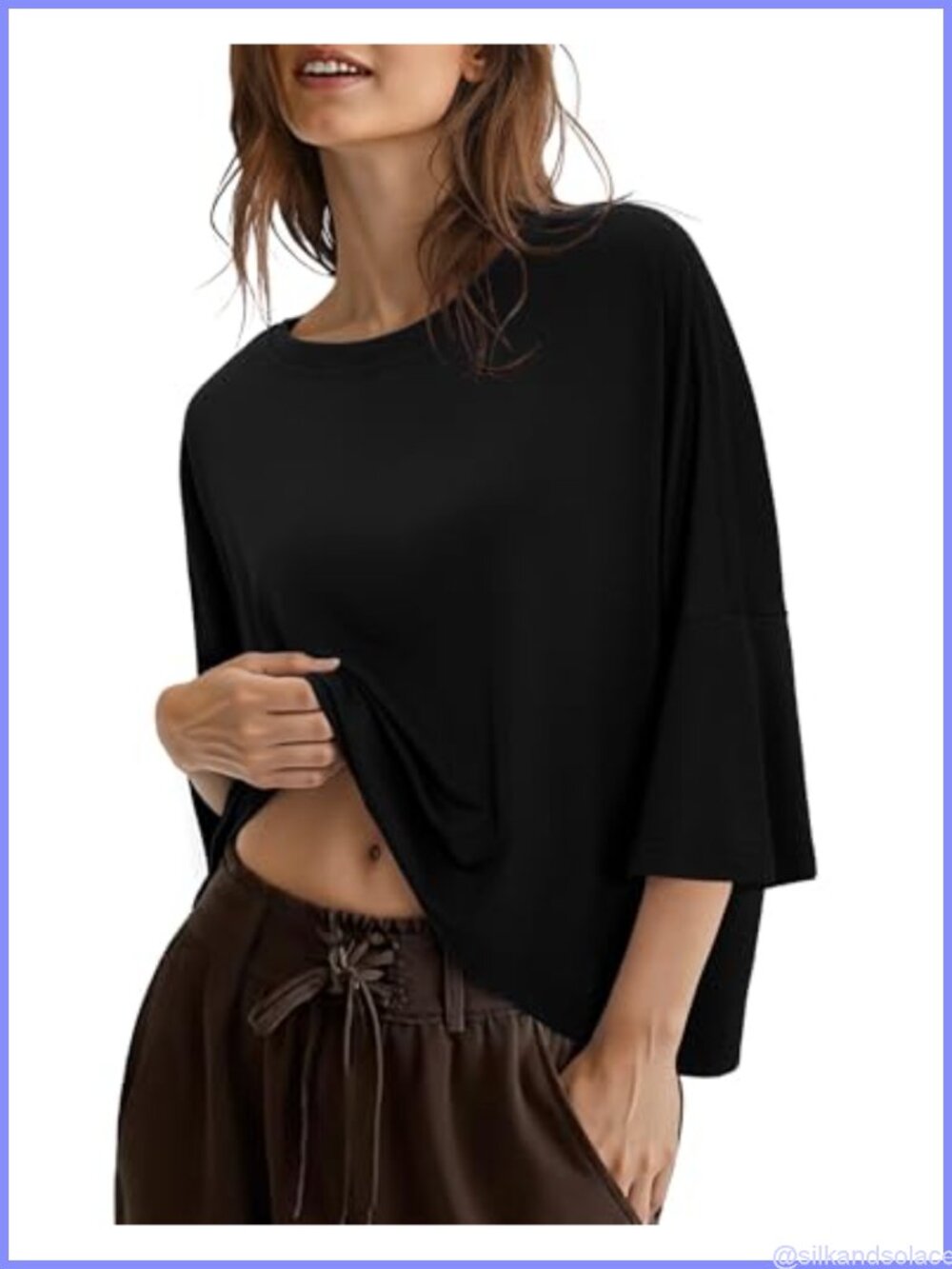Cropped Oversized 3/4 Sleeve Crew Neck Cotton Casual T-Shirt